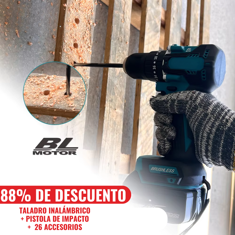 KIT ORIGINAL: TALADRO INALÁMBRICO con PISTOLA DE IMPACTO + 26 ACCESORIOS + 2 BATERIAS PROMOCIÓN CIERRE DE TIENDA - Envío Gratis 24H CTT